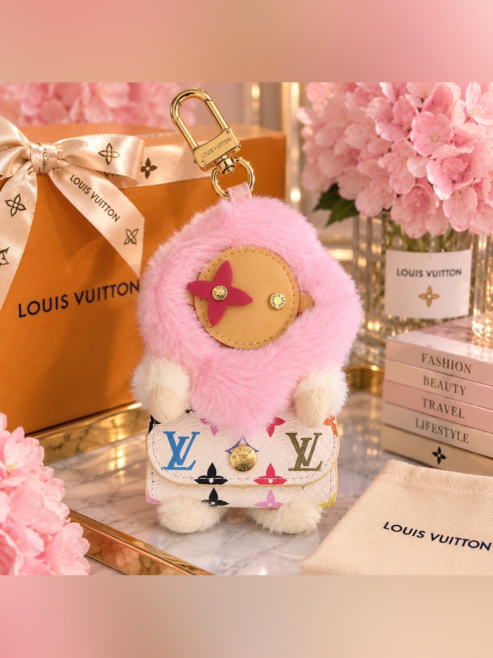 Pink & Multicolor Monogram Plush Airpods Holder Charm Pouch